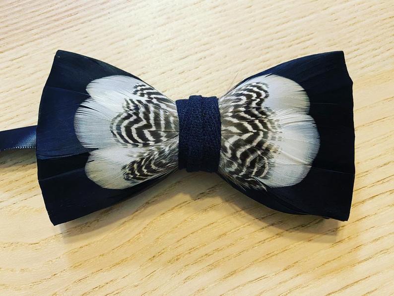 Handmade black and white feather bow tie - Bowtie Queen